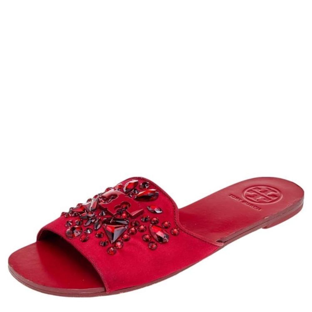 Tory Burch Red Embellished Satin Slide Sandals